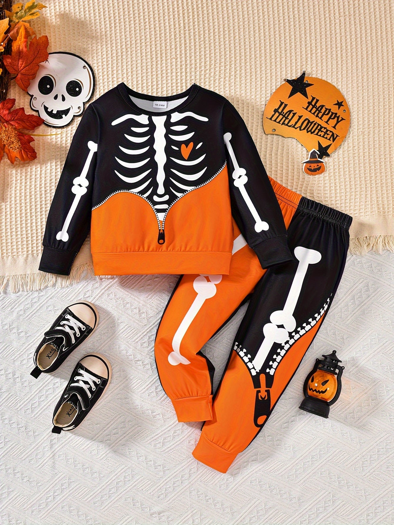 2pcs, Skeleton Pattern Toddler Boy's 2-Piece Sweatshirt & Sweatpants Set, Halloween Casual Outfits for Spring/Fall