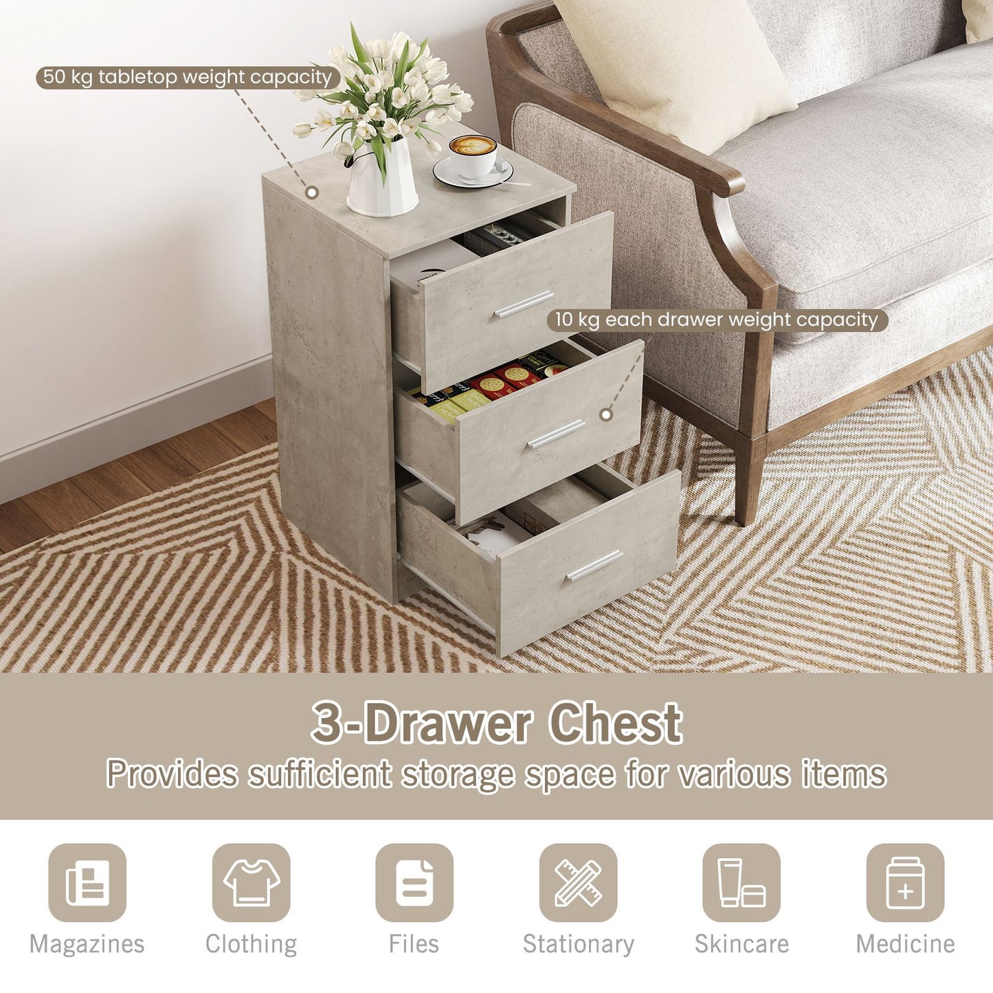 3-Drawer Wooden Dresser with Anti-Tip Safety Feature