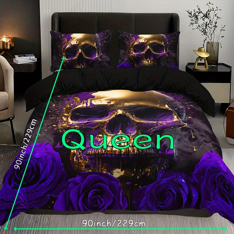 3pcs Soft Purple Rose Skull Pattern Breathable Duvet Cover Set for Bedroom, Guest Room, and Dorm Decor - Includes 1 Duvet Cover and 2 Pillowcases (Core Not Included) For Halloween
