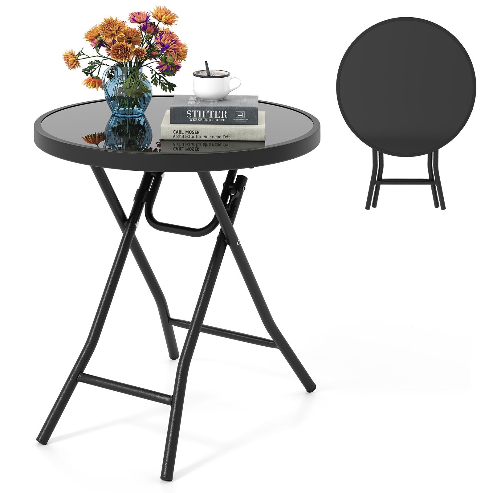 Round Folding Patio Coffee Table with Tempered Glass Top