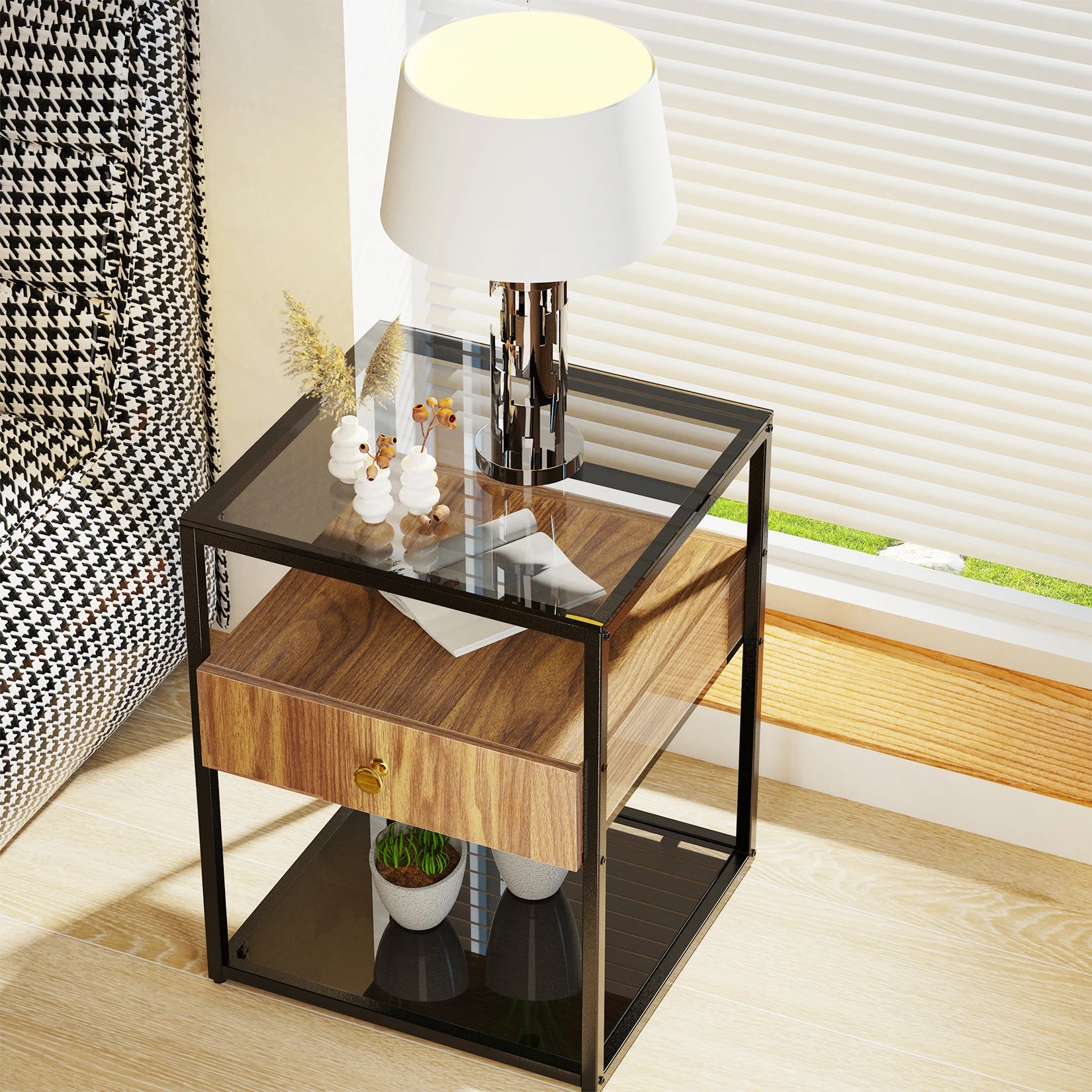 Tempered Glass Side Table with Drawer and Shelf.