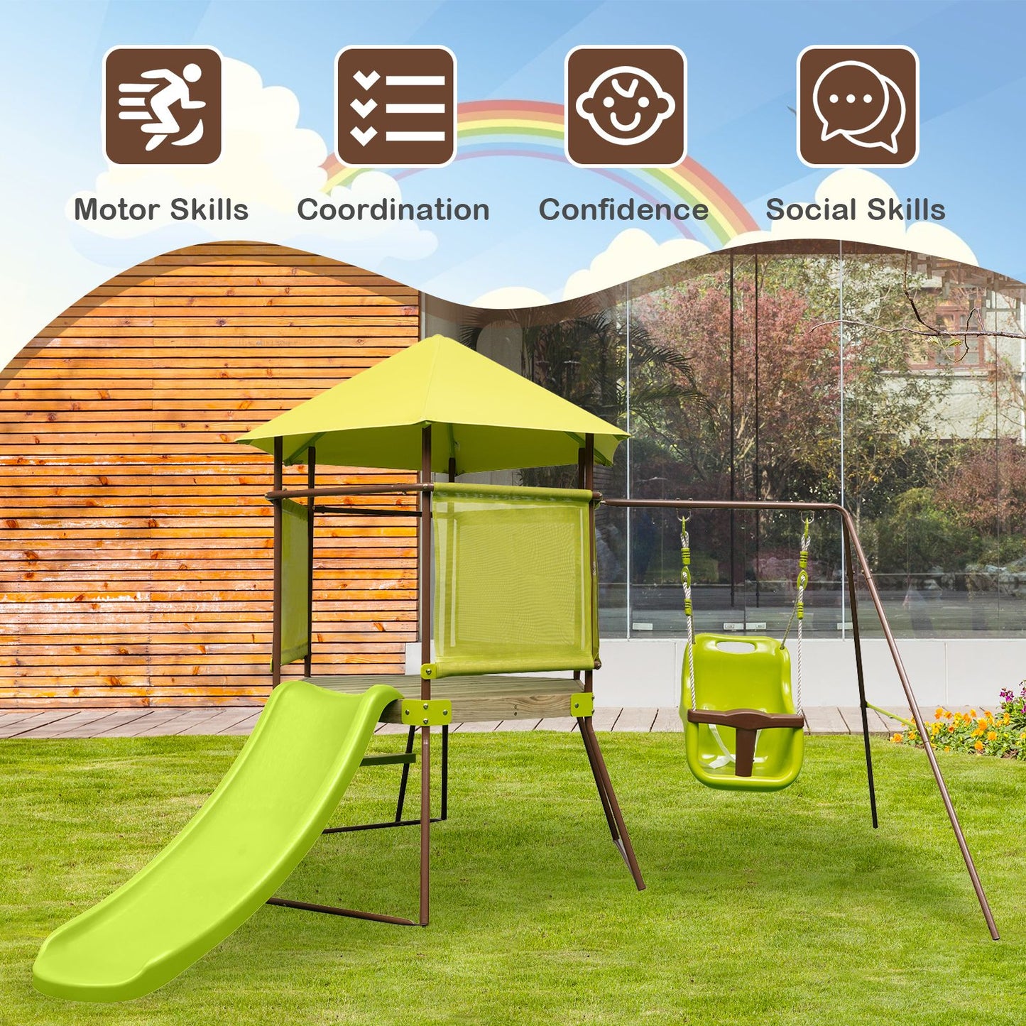 Height-Adjustable 4-in-1 Swing Set with Metal Frame and Ground Stakes
