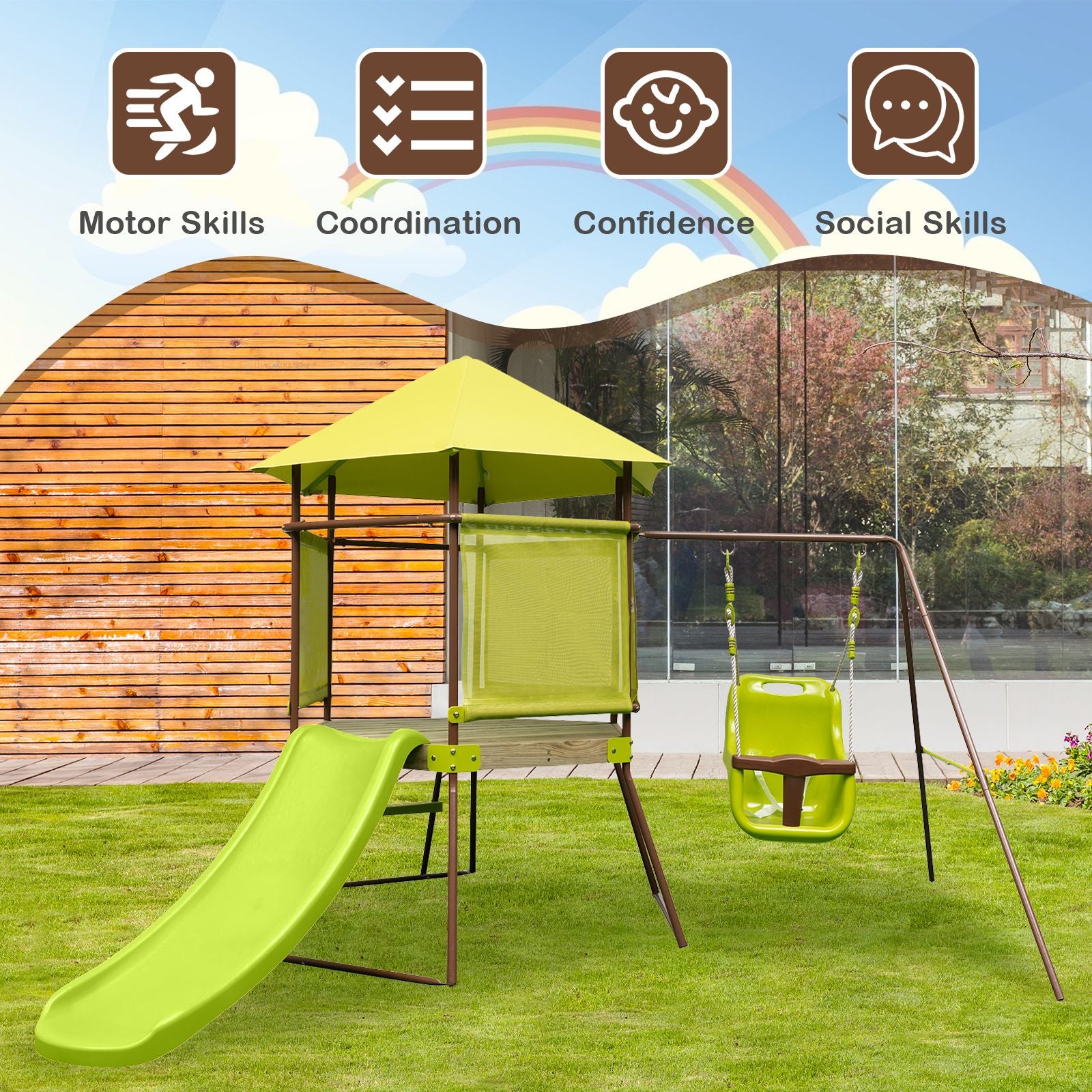 Height-Adjustable 4-in-1 Swing Set with Metal Frame and Ground Stakes