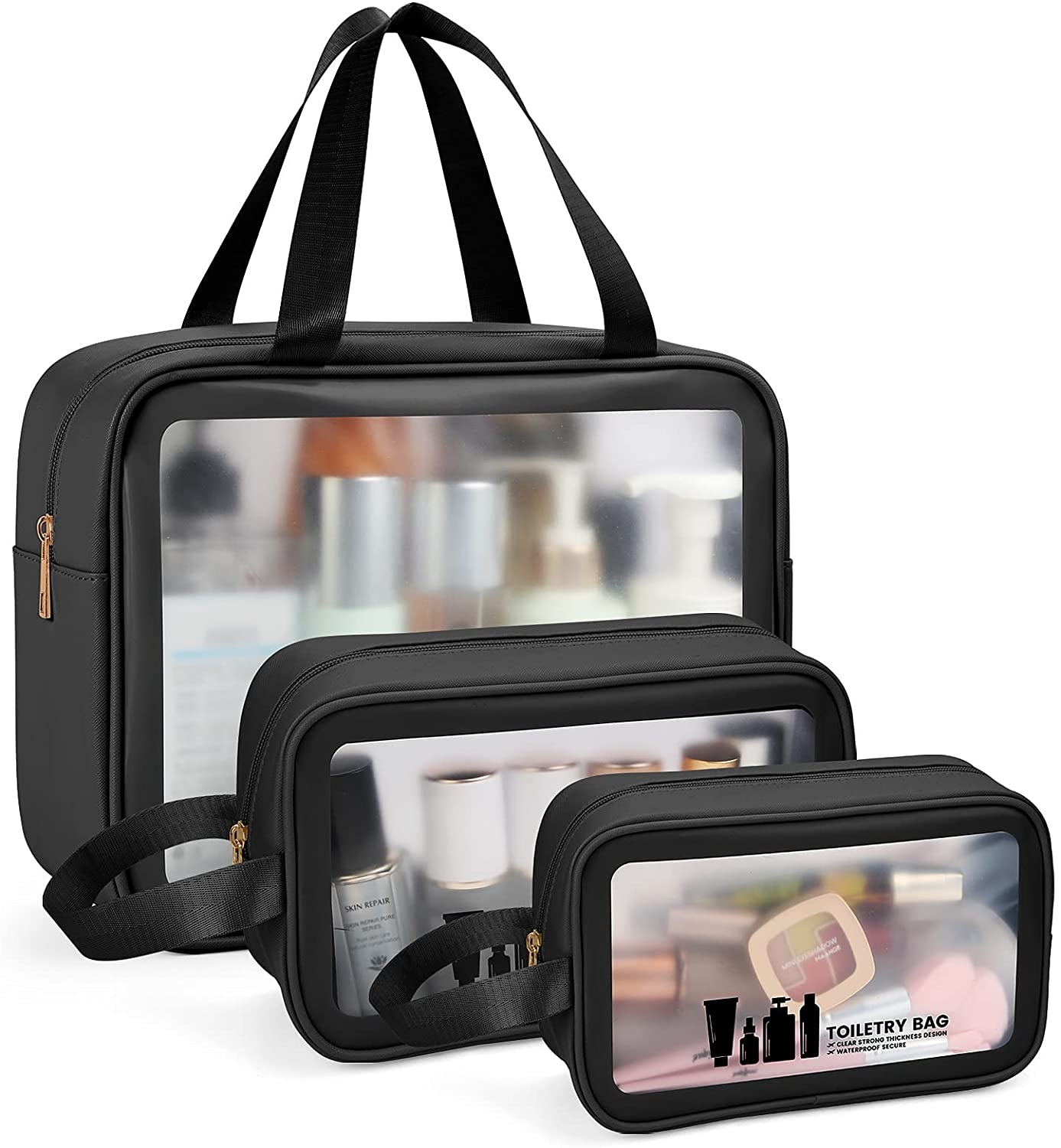 Stylish 3-Piece Waterproof Clear Travel Toiletry Bag Set - Durable PVC Makeup Bags with Zipper for Men and Women (Black)