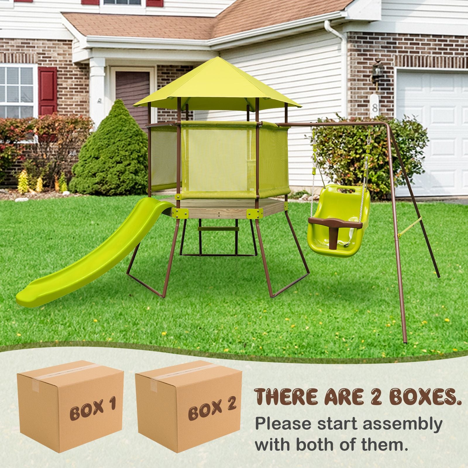 Height-Adjustable 4-in-1 Swing Set with Metal Frame and Ground Stakes