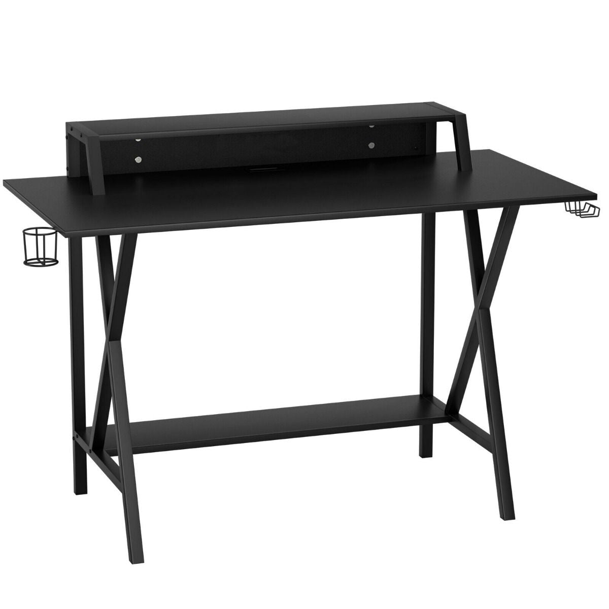 Ergonomic X-Shaped Gaming Desk with Integrated Cup Holder and Monitor Riser