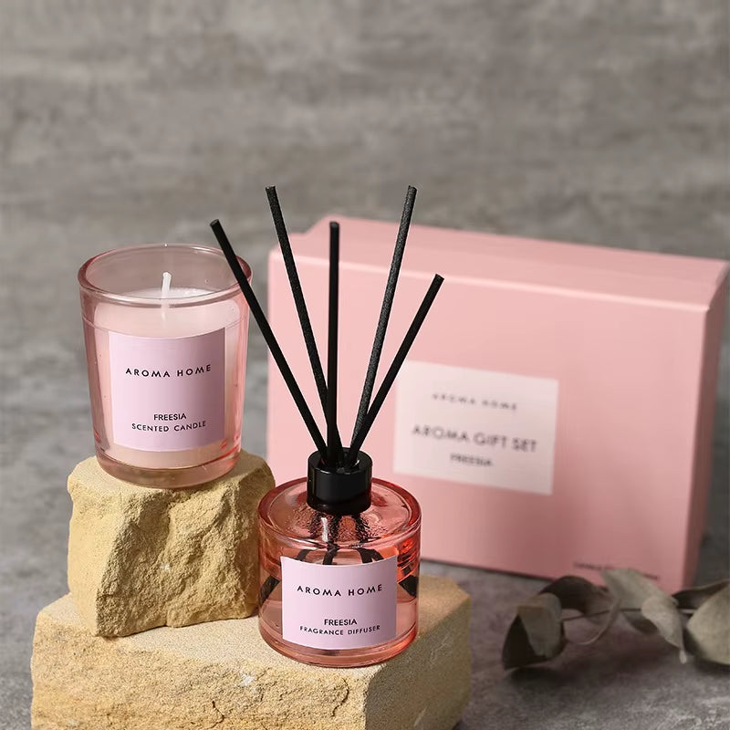 2Pcs Gift Box Set Aromatherapy Essential Oil Rattan Handmade Clear Scented Candle