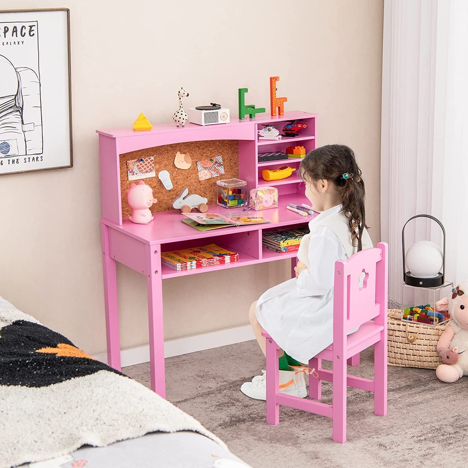Kids Wooden Desk and Chair Set with Hutch for Study and Reading