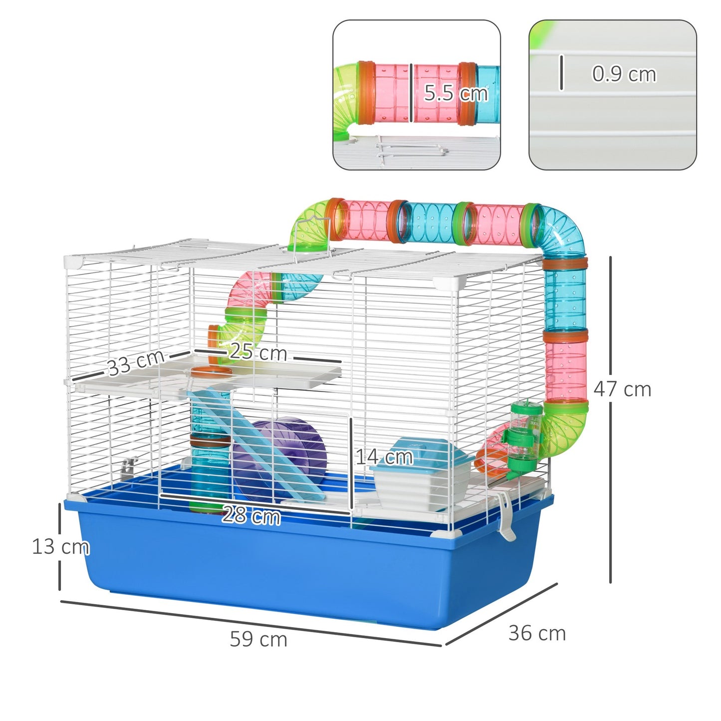 Blue Hamster Cage with Fun Tubes, Exercise Wheel, Water Bottle, and Food Dish