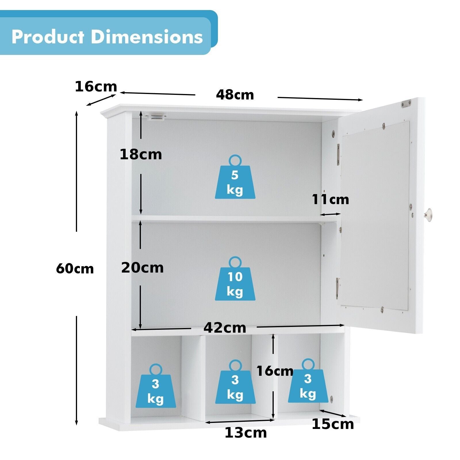 Mirror Door Bathroom Cabinet with Adjustable Shelf and 3 Compartments