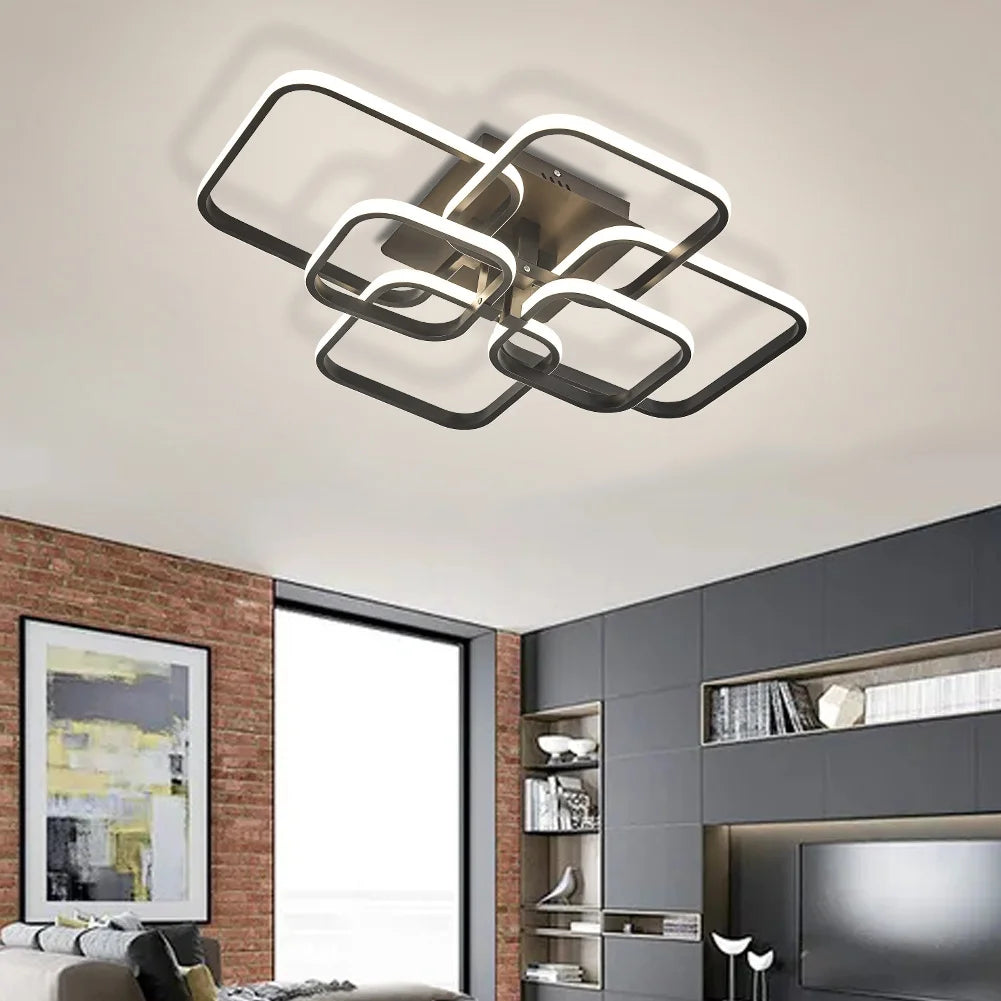 Sleek Modern Square LED Chandelier - Dimmable Cool White Light with Black Frame, 6 Heads