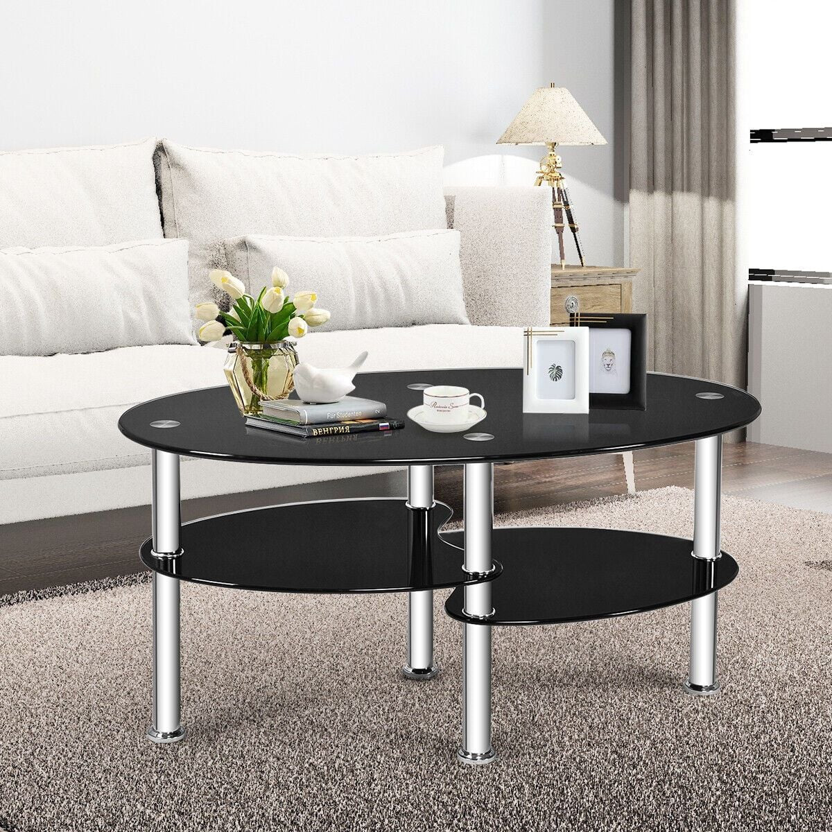 Three-Tier Tempered Glass Coffee Table with Two Shelves
