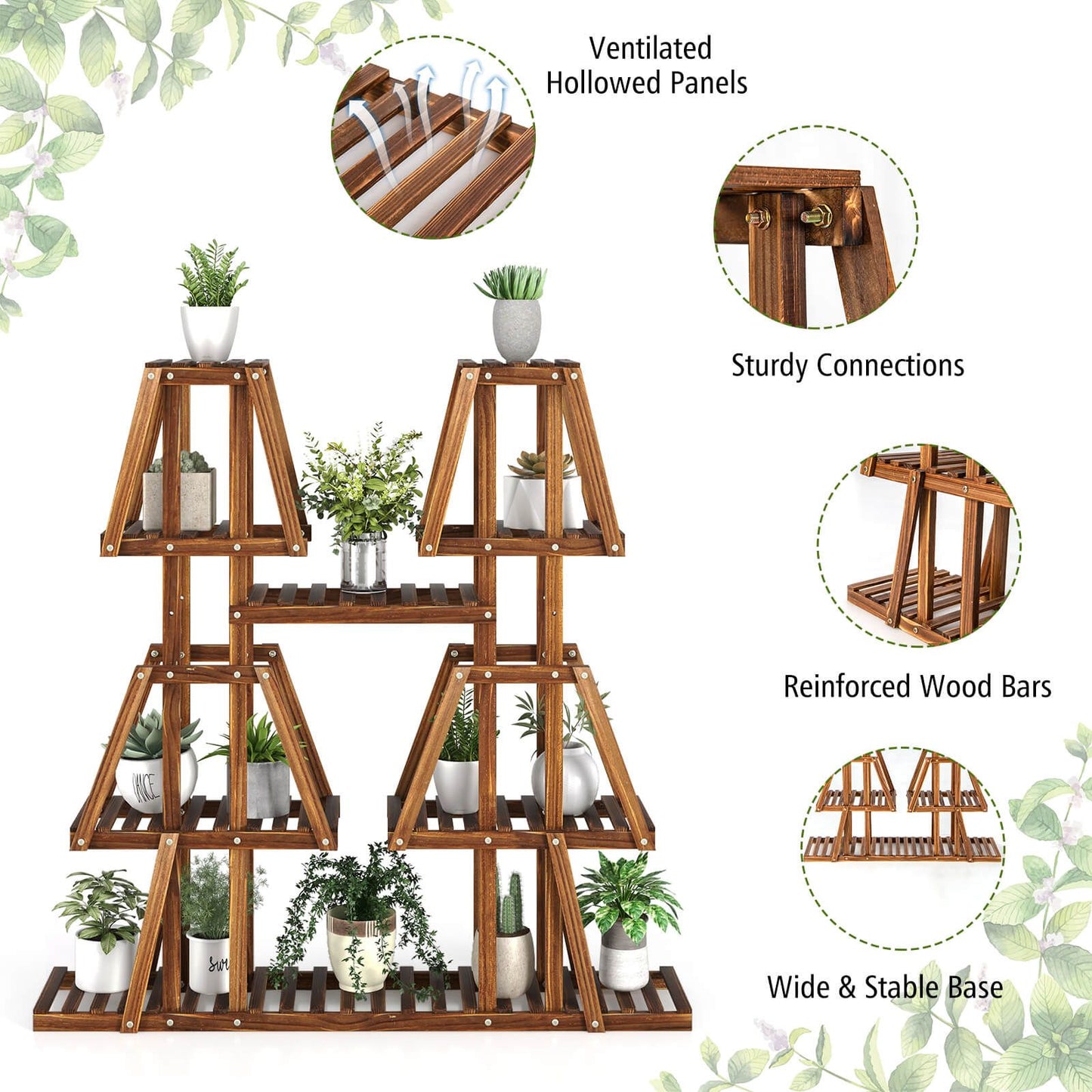 114 cm Tall Wooden Plant Stand - 5-Tier Rack for 10 Potted Plants