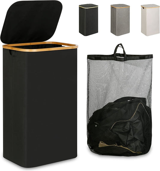 Spacious 110L Black Laundry Hamper with Lid & Handle - Collapsible Organizer with Removable Inner Bag for Clothes, Toys, and Towels