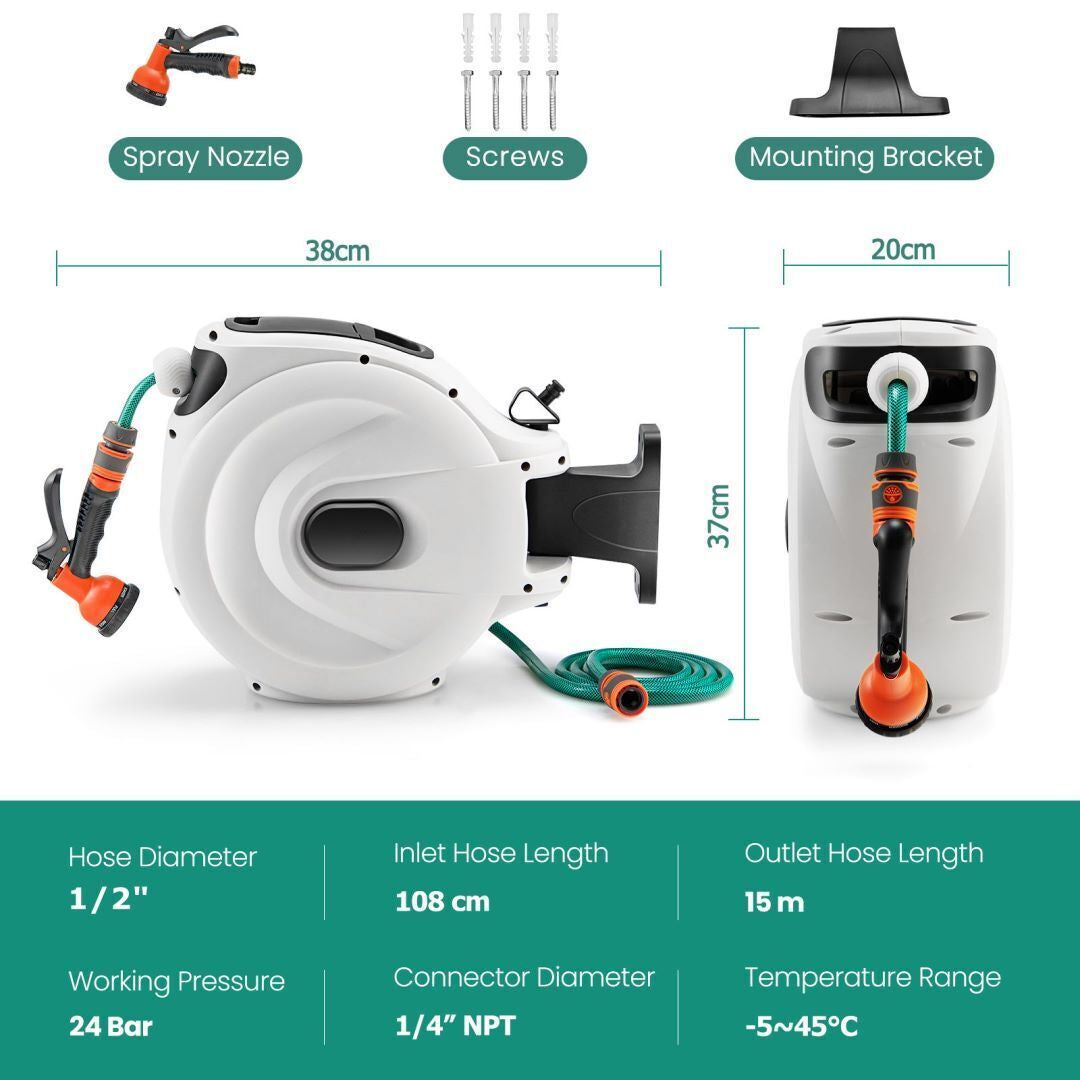 Retractable Wall-Mounted Hose Reel with Automatic Rewind for Efficient Watering