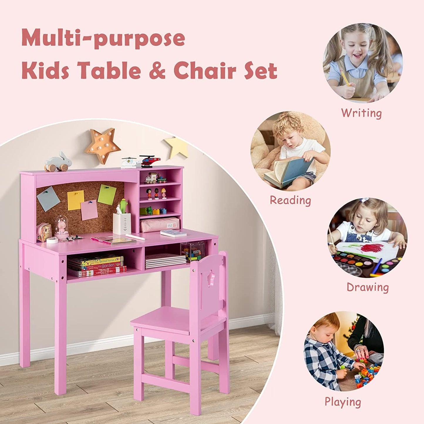 Kids Wooden Desk and Chair Set with Hutch for Study and Reading