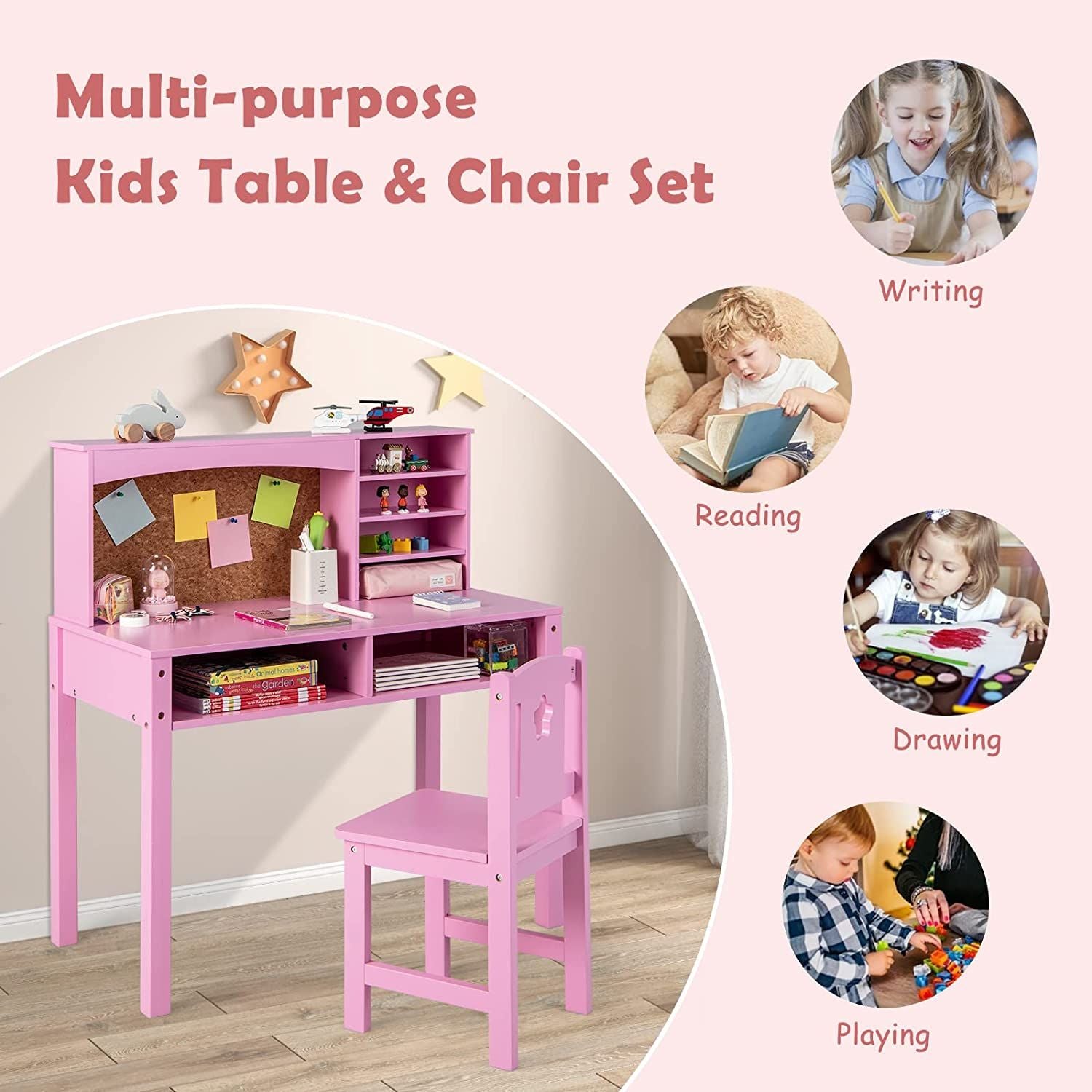 Kids Wooden Desk and Chair Set with Hutch for Study and Reading