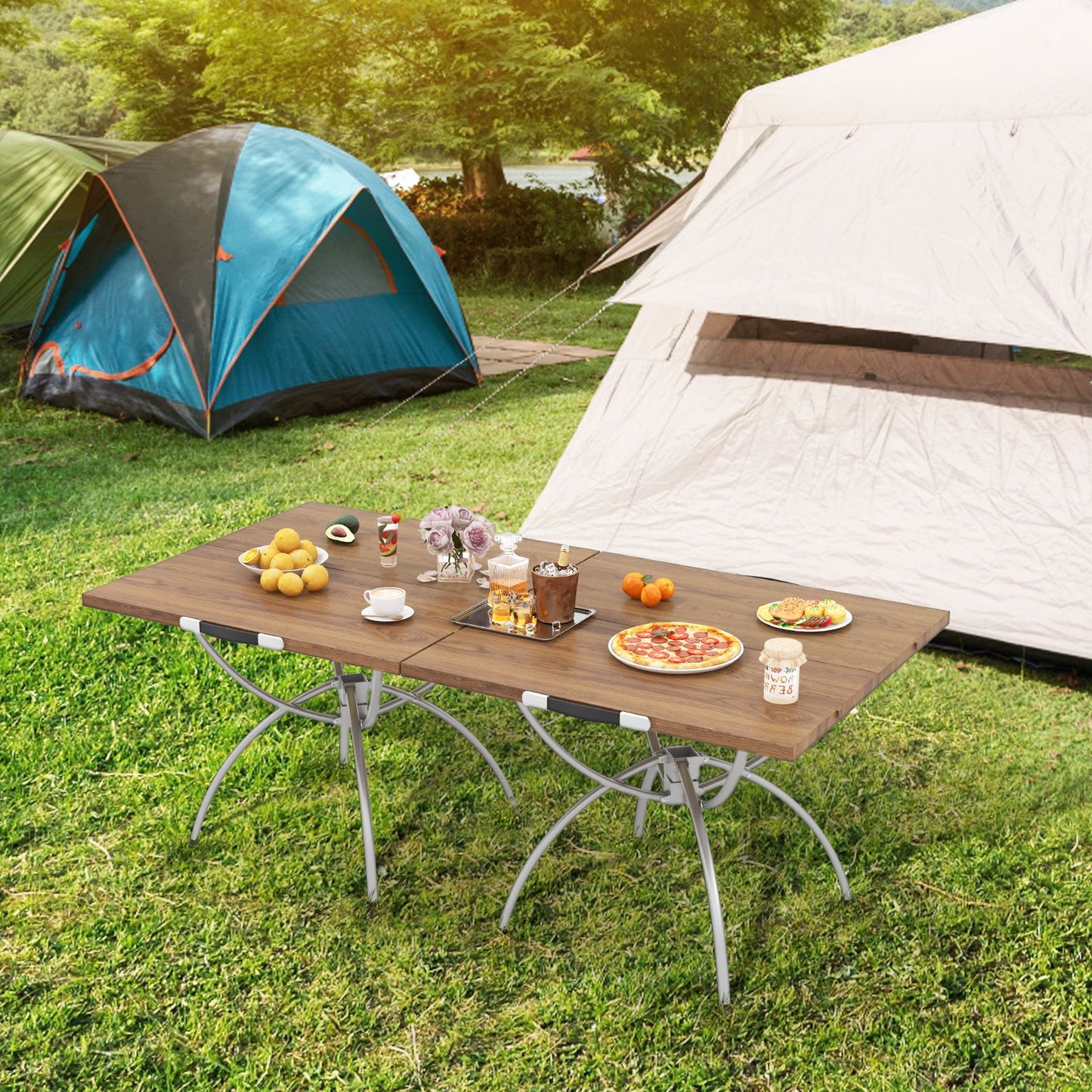 Foldable Picnic Table with Expandable Design and Wood-Grain Finish for Outdoor Activities