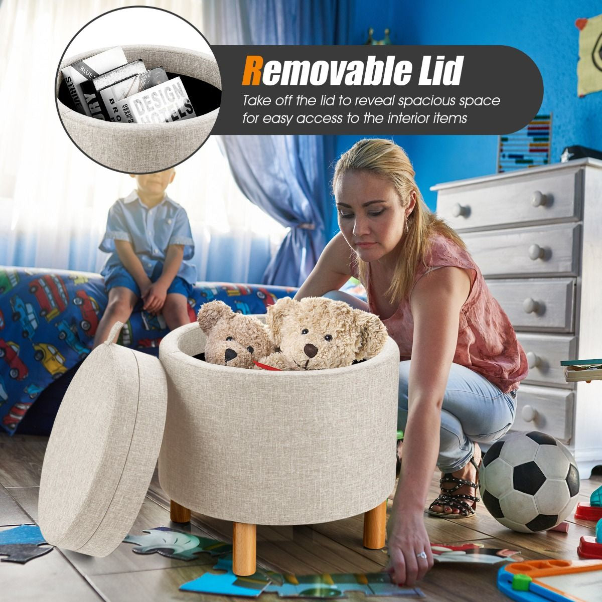 Contemporary Round Padded Ottoman with Concealed Storage Compartment