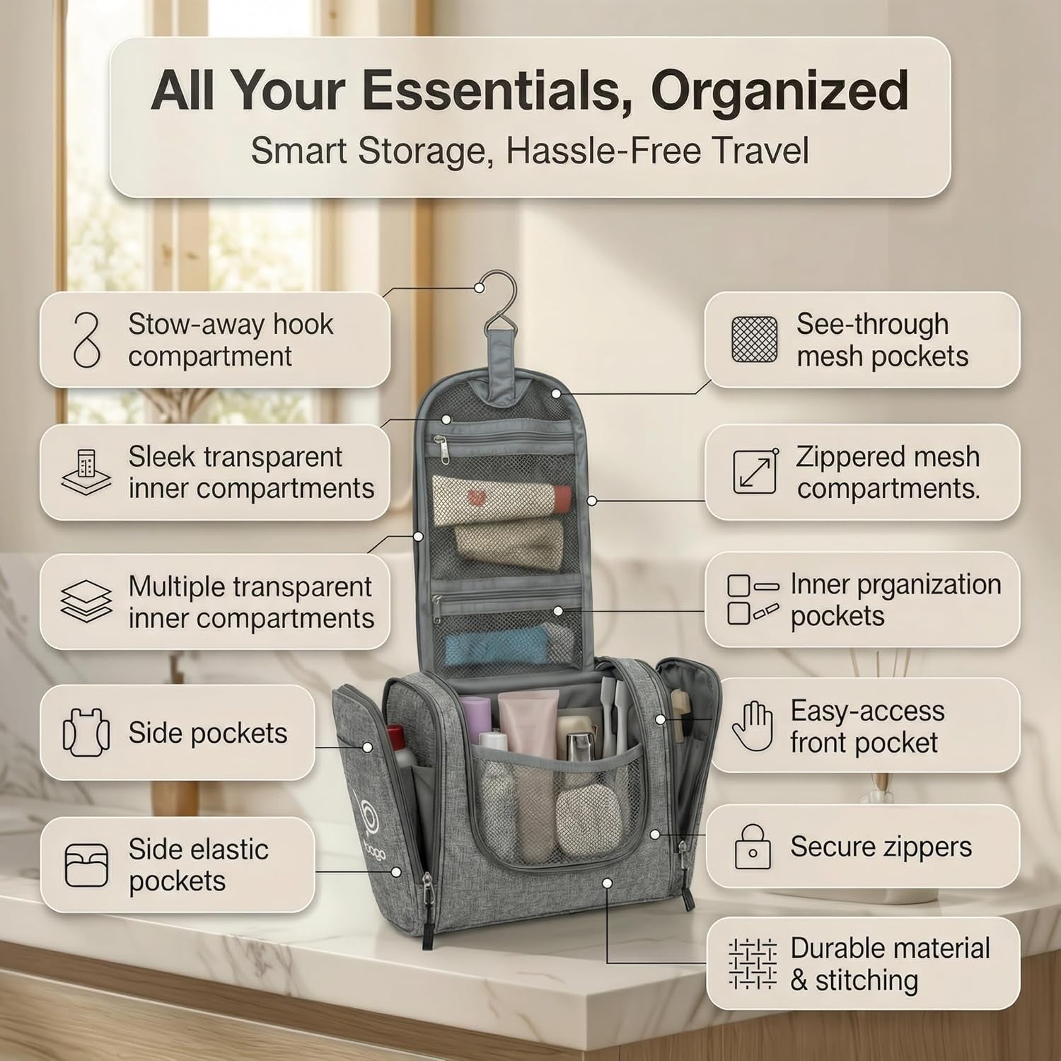 Large Waterproof Hanging Toiletry and Cosmetic Organizer - Travel Essential Accessory for Men and Women (Snowgray)