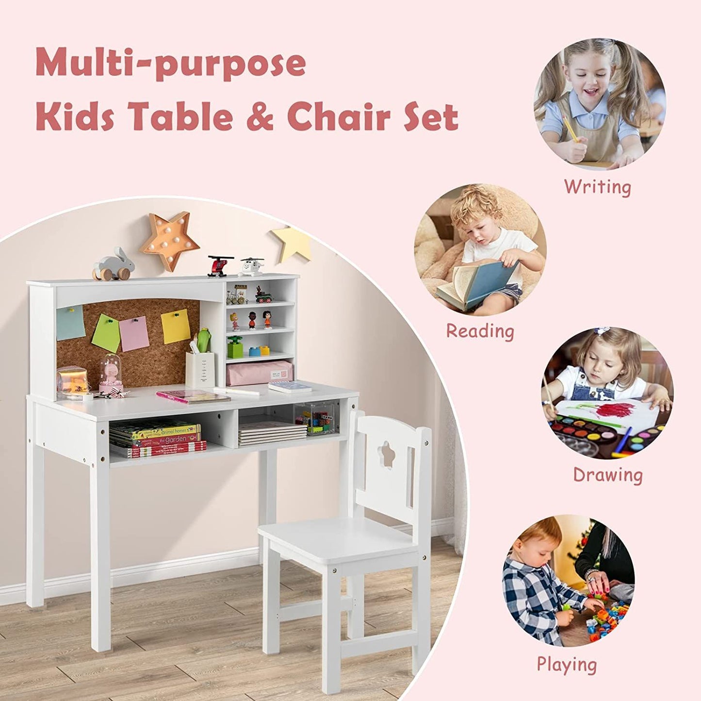 Kids Wooden Desk and Chair Set with Hutch for Study and Reading