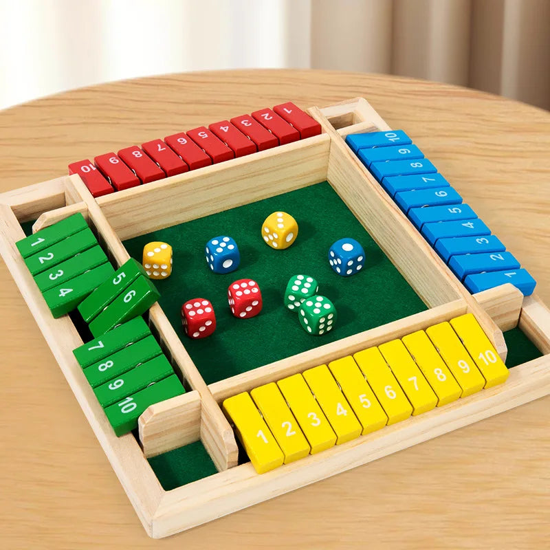 Shut the Box Dice Board Game Wooden Flaps & Dices Game 4 Players Pub Bar Party Supplies Family Entertainment for Kids & Adults