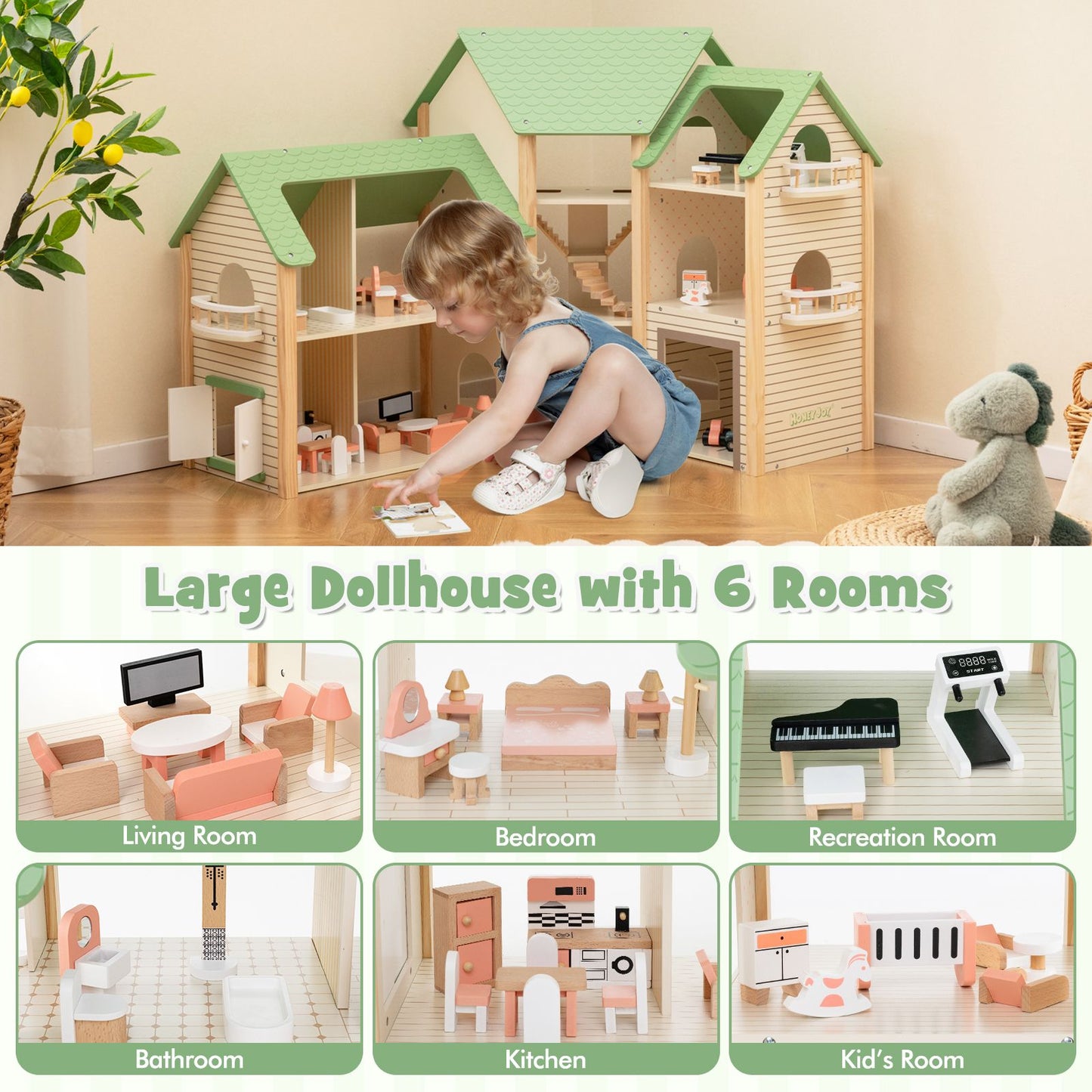 Deluxe Wooden Dollhouse with 36 Accessory Pieces for Children