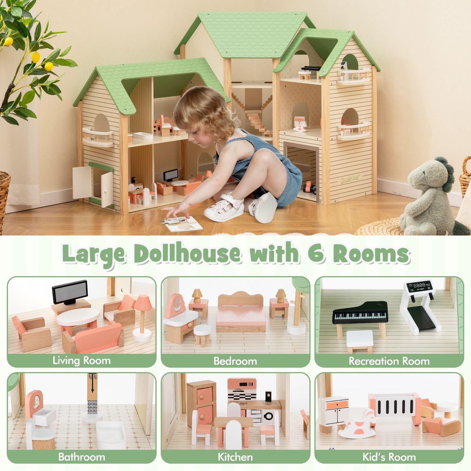 Deluxe Wooden Dollhouse with 36 Accessory Pieces for Children