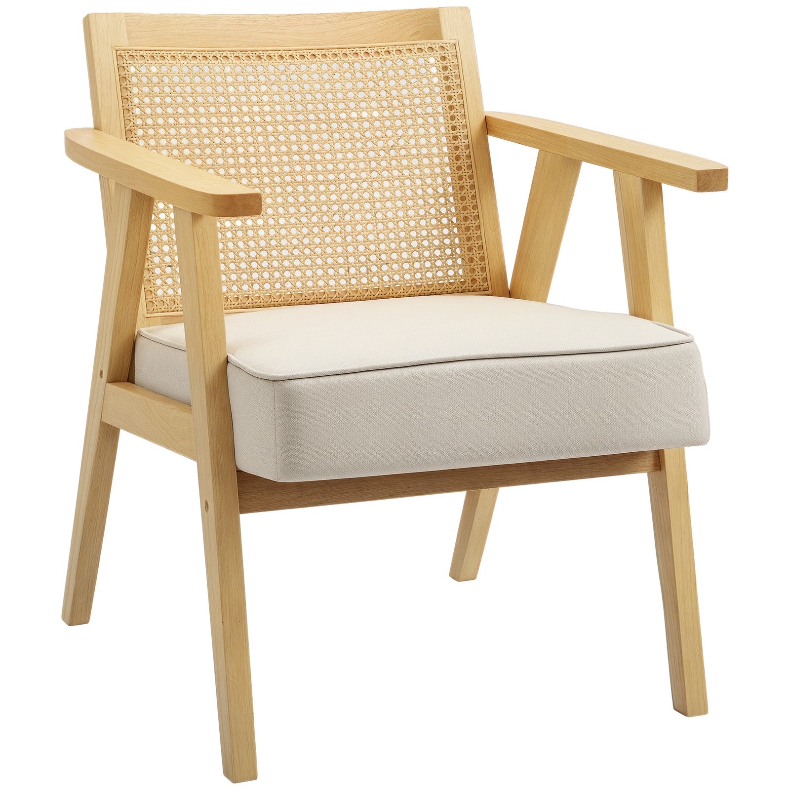 Stylish Rattan-Back Accent Chair with Comfortable Padded Cushion and Durable Rubber Wood Frame