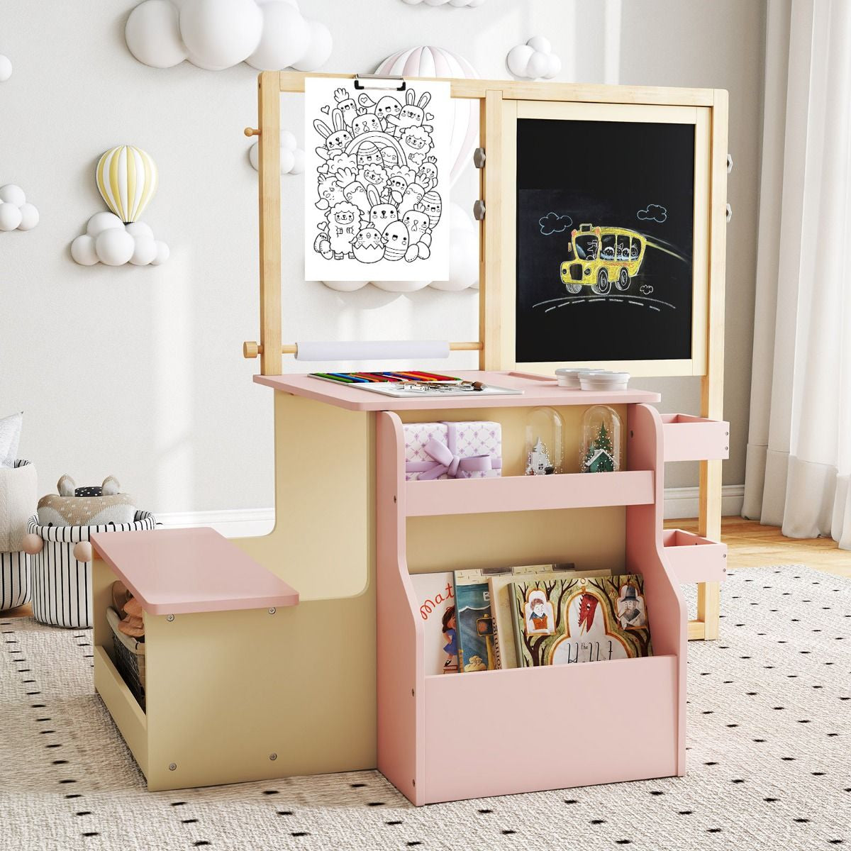 Delightful Children's Art Easel Table and Bench Set with Adjustable Easel and Integrated Bookshelf for Creative Play