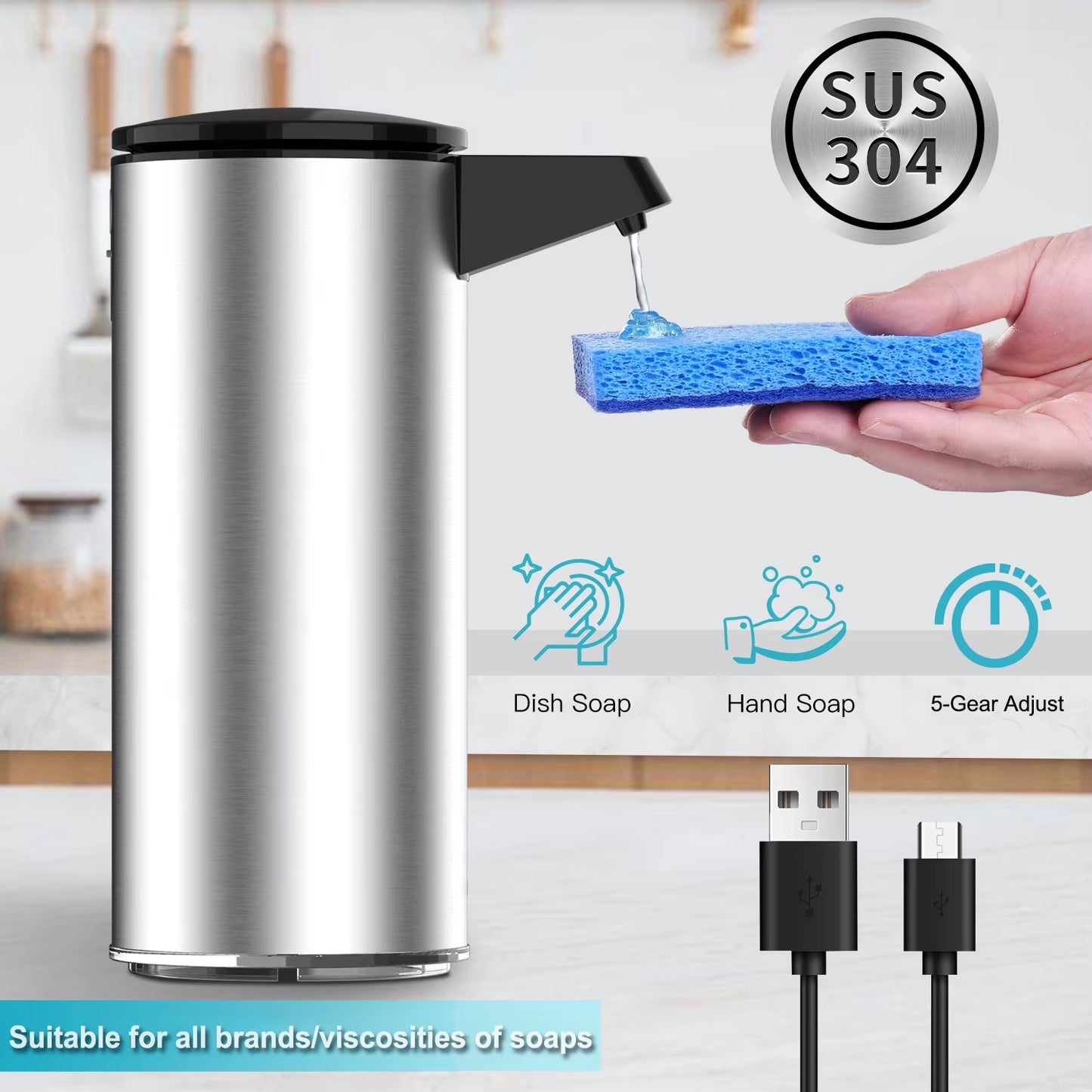 Automatic USB Charging Stainless Steel Soap Dispenser - Touchless Kitchen & Bathroom Solution