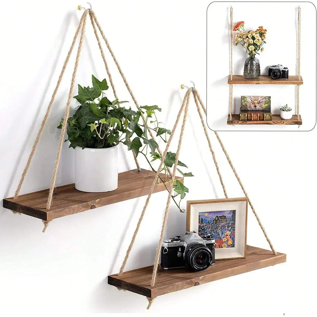Stylish Wooden Swing Wall Shelf with Hemp Rope - Perfect for Plants, Flowers, and Home Decor