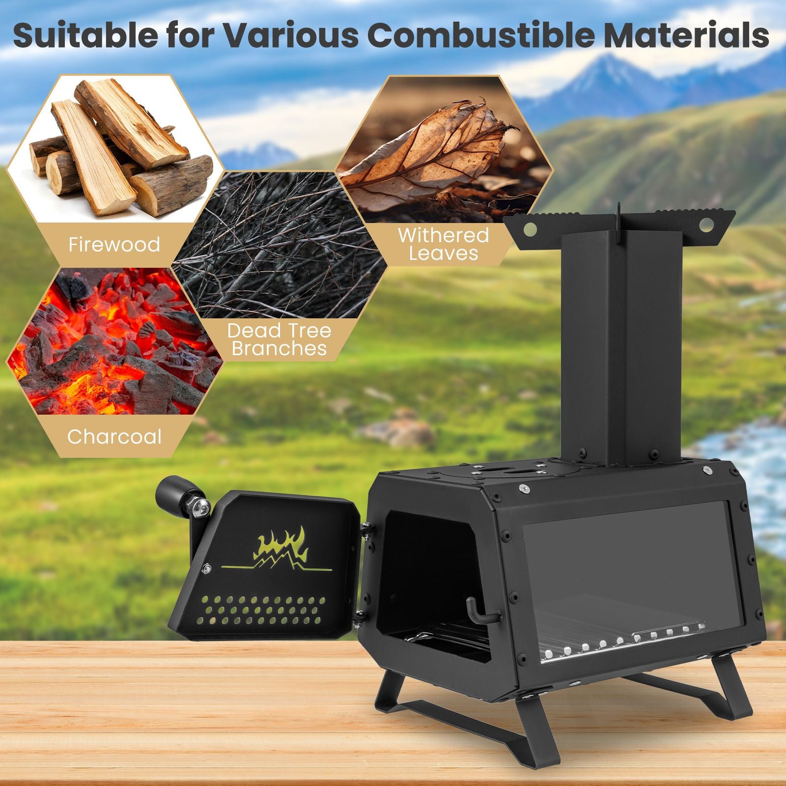 Portable Wood Burning Stove Featuring Dual Cooking Positions