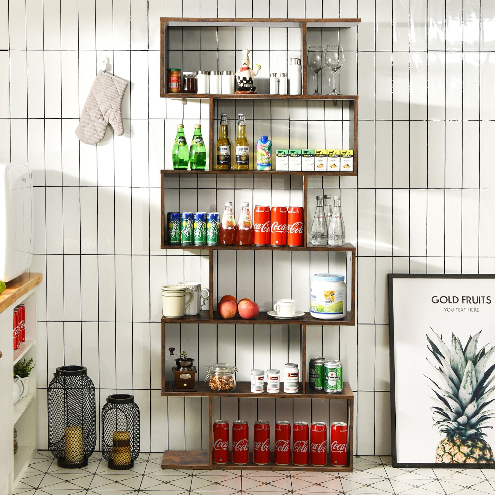 6-Tier S-Shaped Wooden Industrial Bookshelf