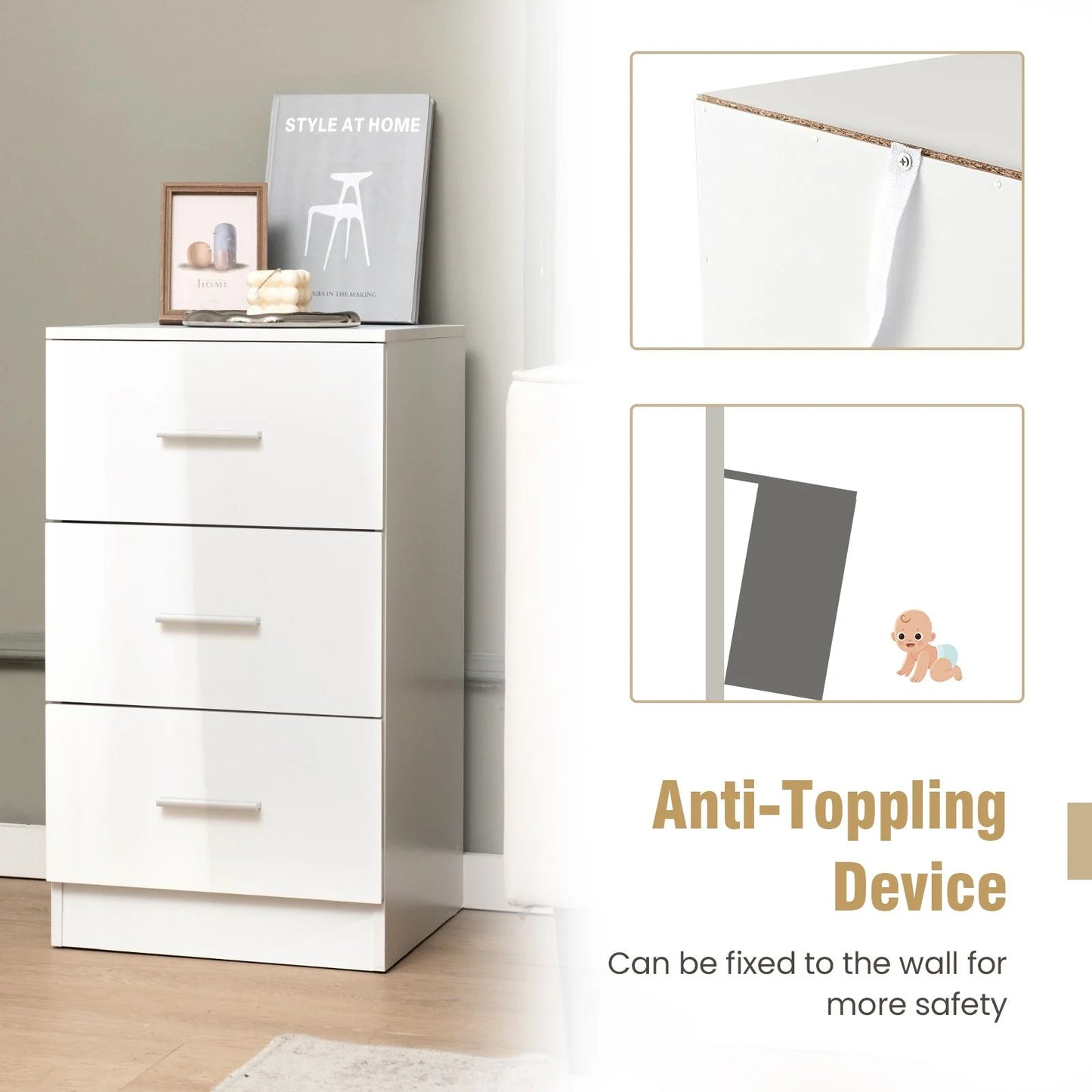 3-Drawer Wooden Dresser with Anti-Tip Safety Feature