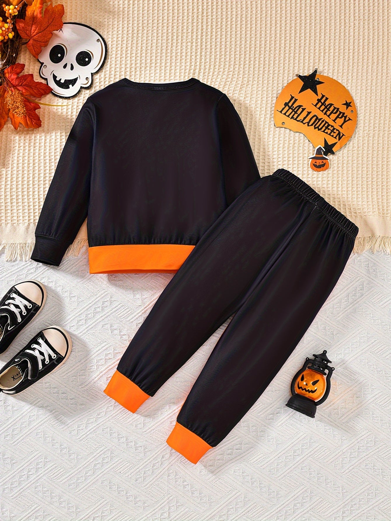 2pcs, Skeleton Pattern Toddler Boy's 2-Piece Sweatshirt & Sweatpants Set, Halloween Casual Outfits for Spring/Fall