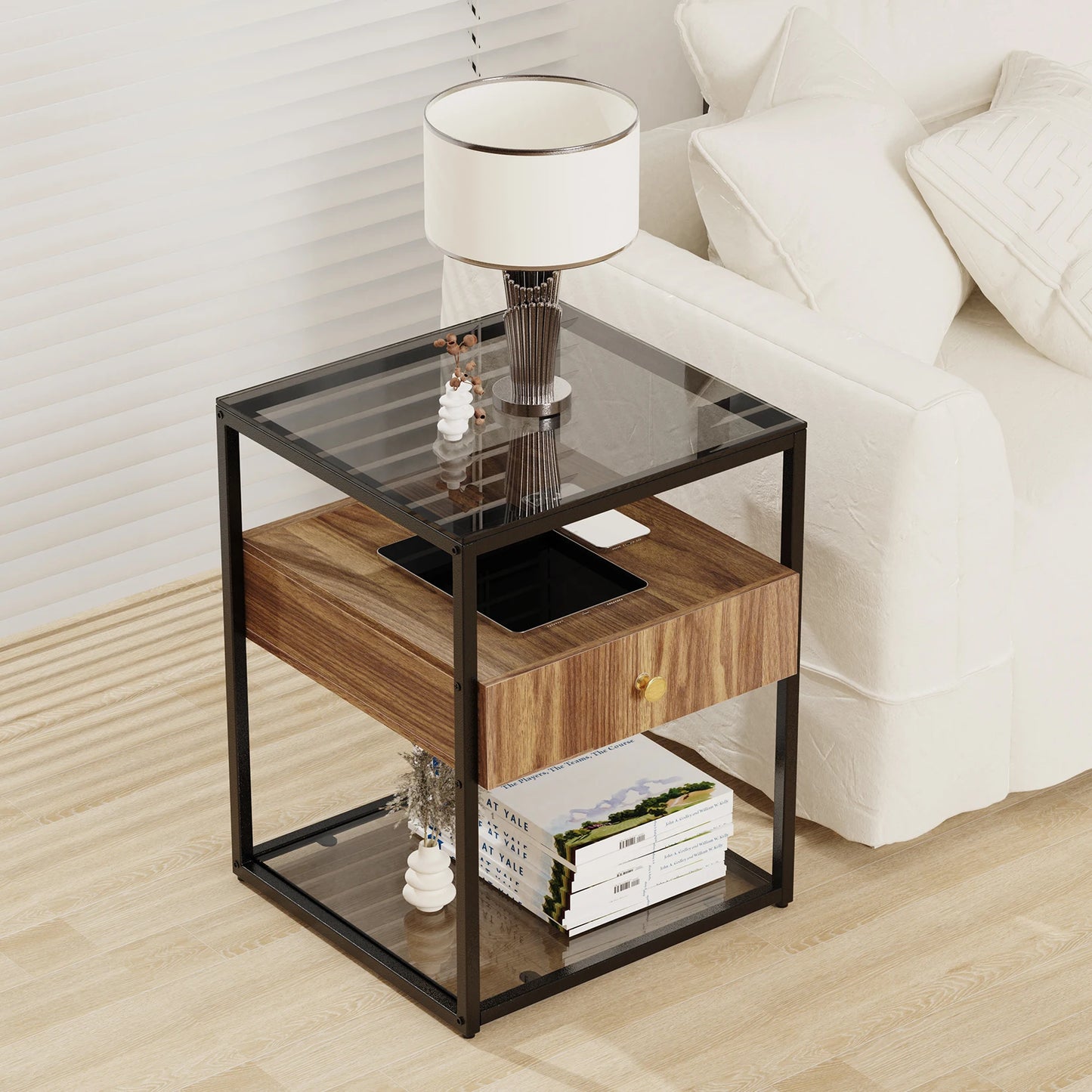 Tempered Glass Side Table with Drawer and Shelf.