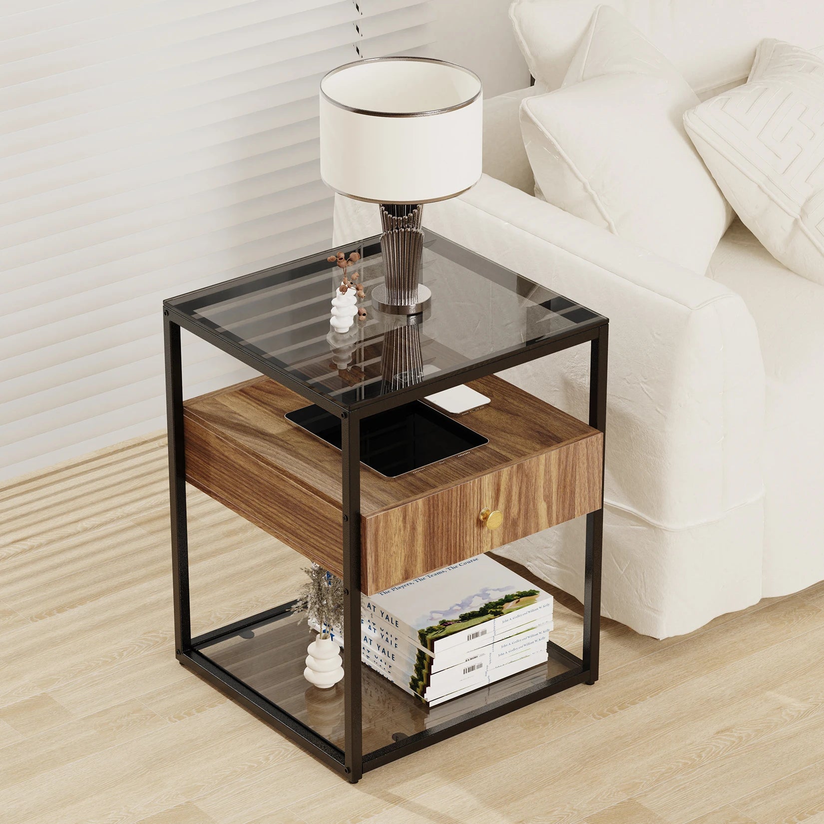 Tempered Glass Side Table with Drawer and Shelf.
