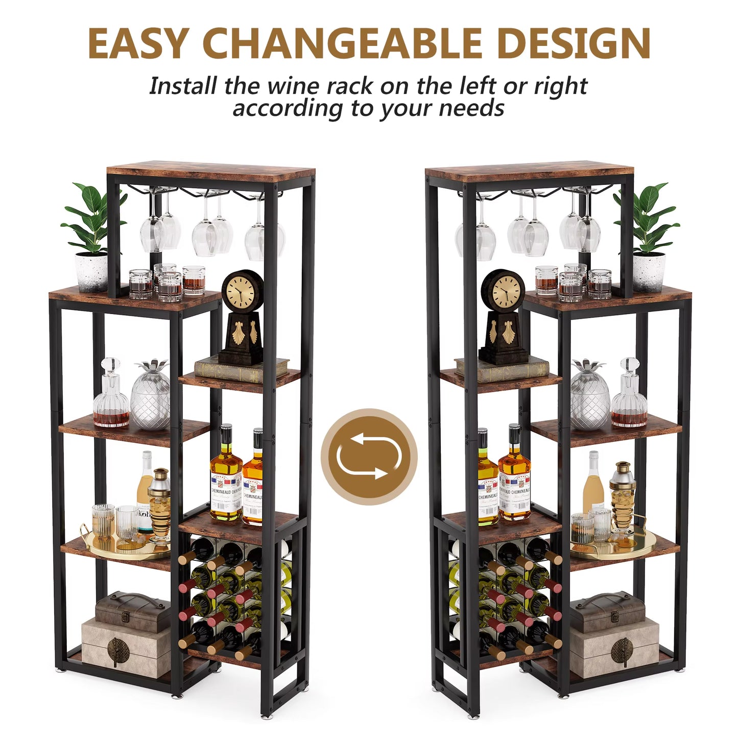 Wine Rack Freestanding Floor, 5-Tier Wine Baker Rack with Glass Holder 