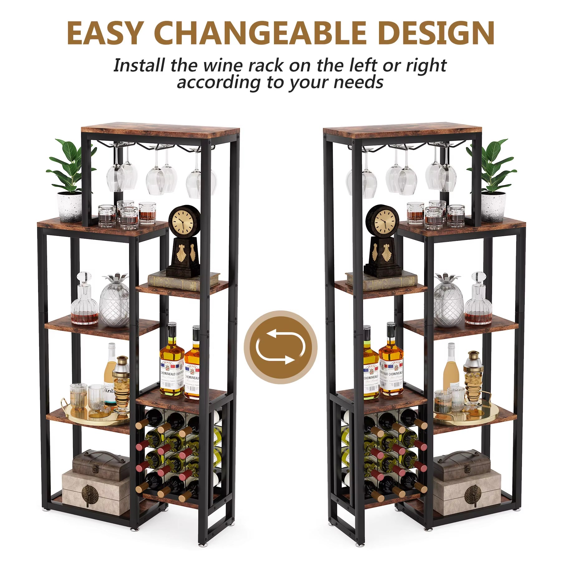Wine Rack Freestanding Floor, 5-Tier Wine Baker Rack with Glass Holder 