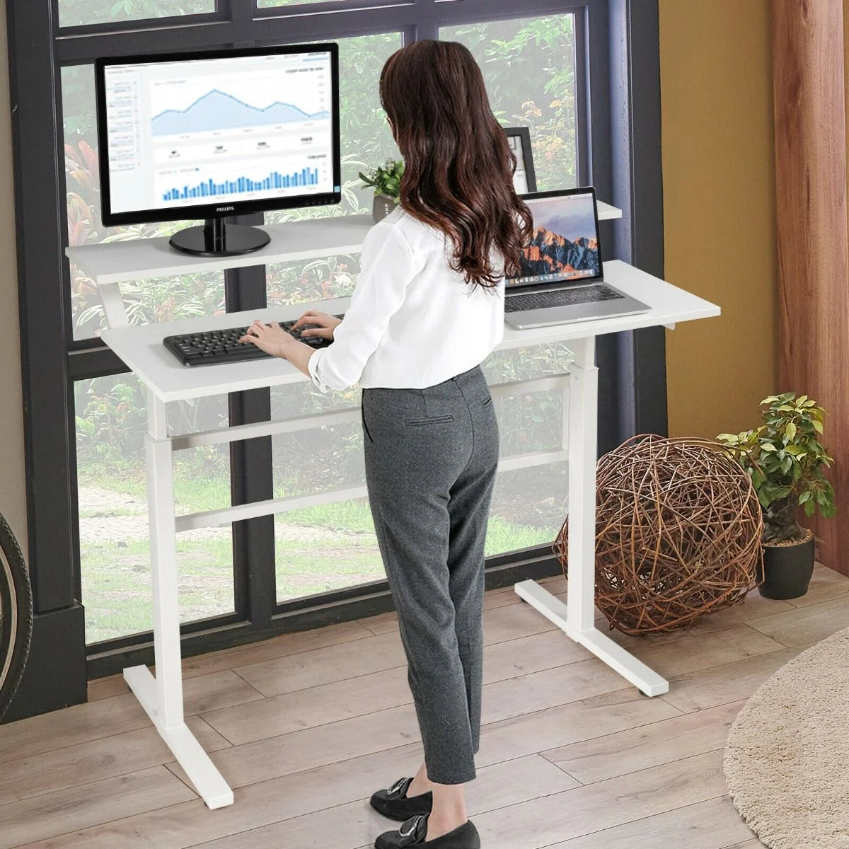 2-Tier Standing Desk with Adjustable Height and Crank Handle