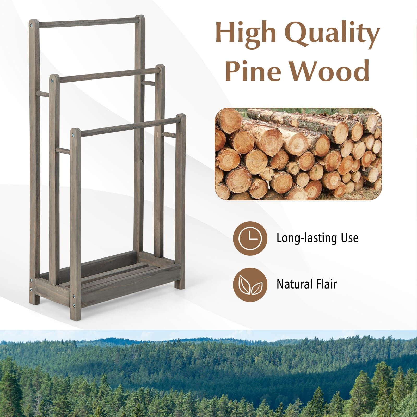 Freestanding Wood Towel Rack with 3 Individual Bars and Bottom Storage Shelf