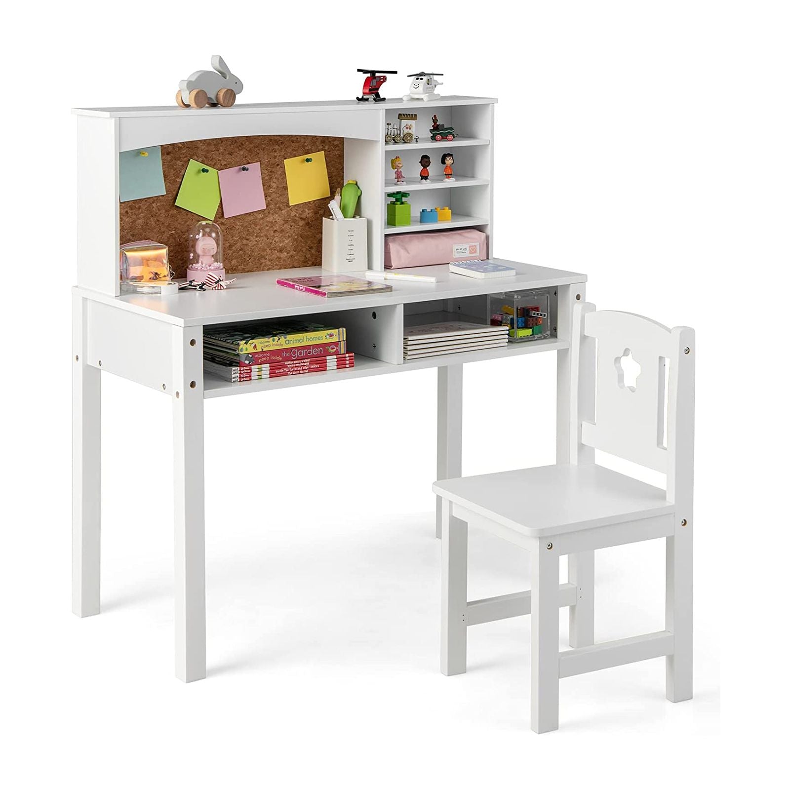 Kids Wooden Desk and Chair Set with Hutch for Study and Reading