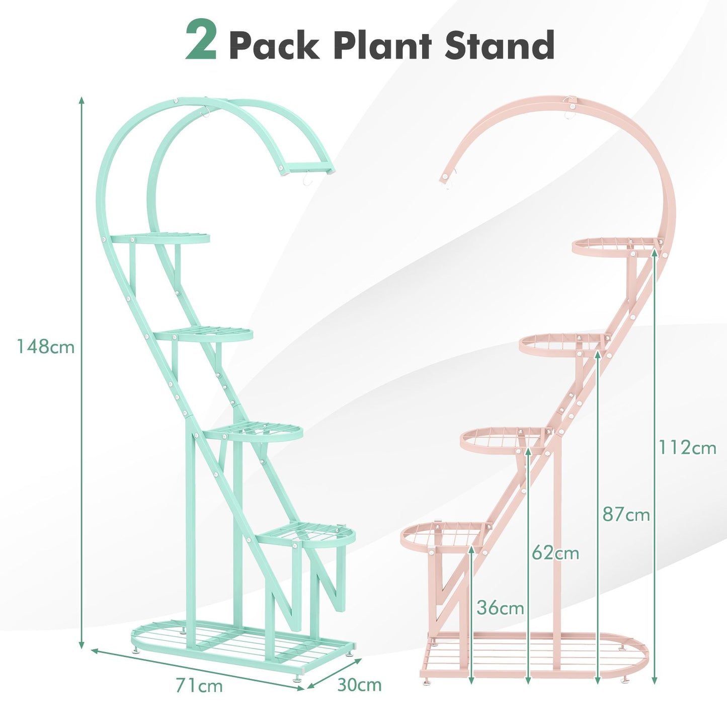 5-Tier Metal Heart-Shaped Plant Stand with Integrated Hanging Hooks