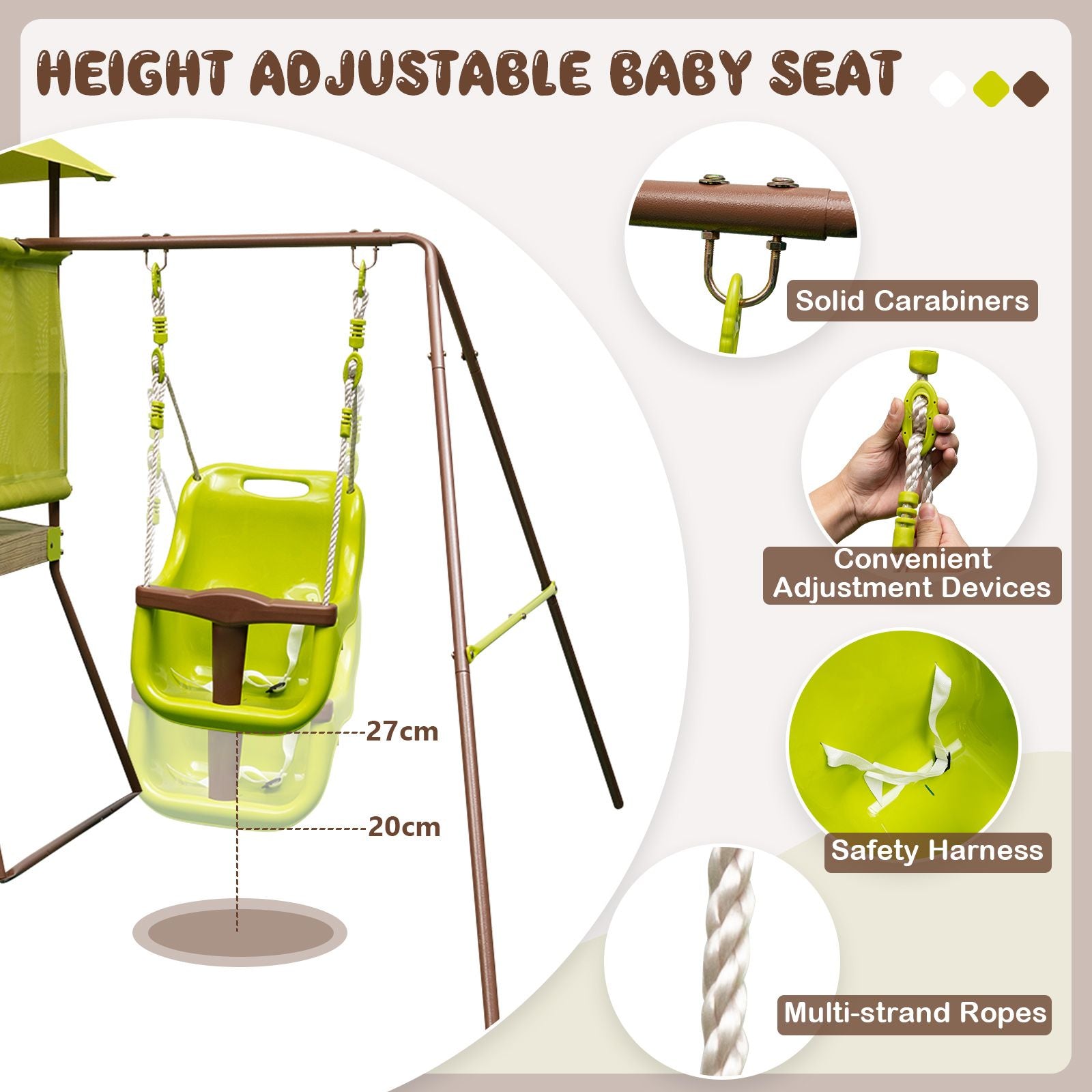 Height-Adjustable 4-in-1 Swing Set with Metal Frame and Ground Stakes
