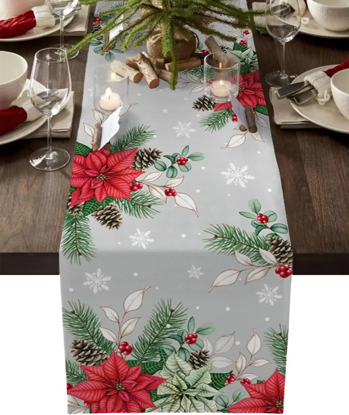 Christmas Poinsettia Linen Table Runners 