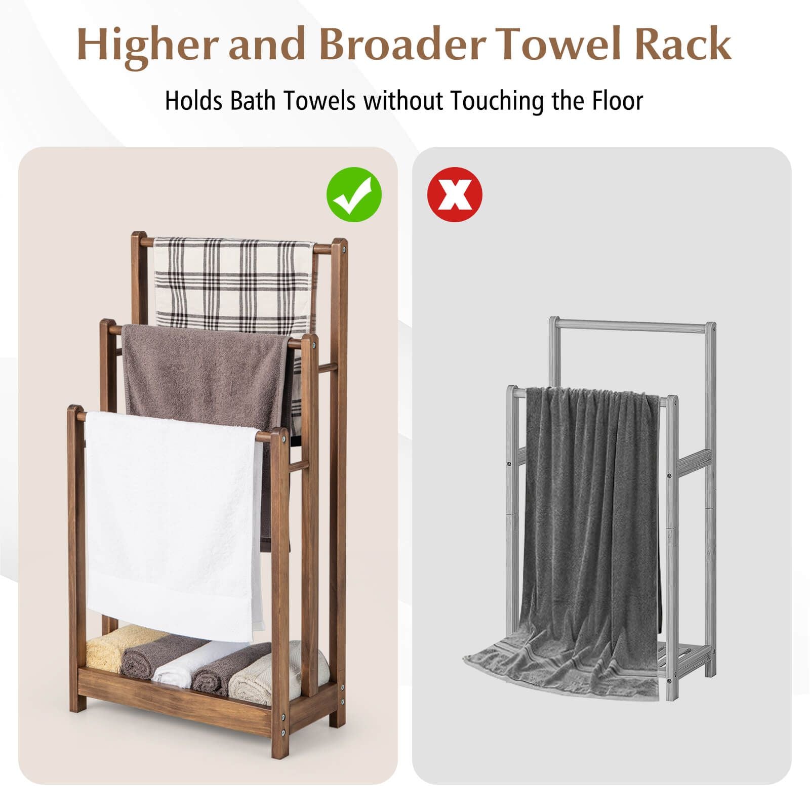 Freestanding Wood Towel Rack with 3 Individual Bars and Bottom Storage Shelf