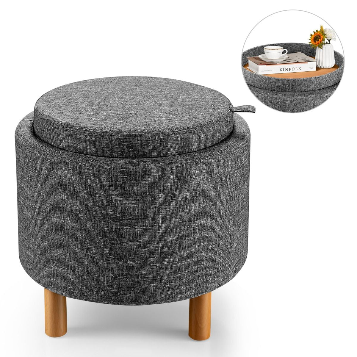 Contemporary Round Padded Ottoman with Concealed Storage Compartment