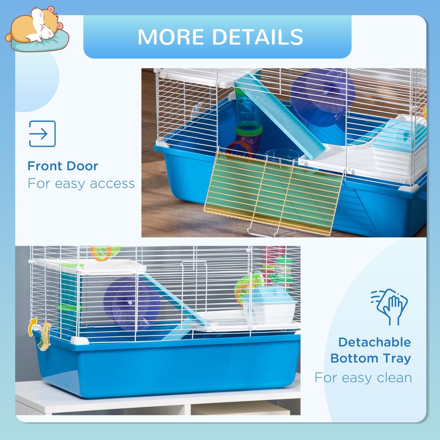 Blue Hamster Cage with Fun Tubes, Exercise Wheel, Water Bottle, and Food Dish