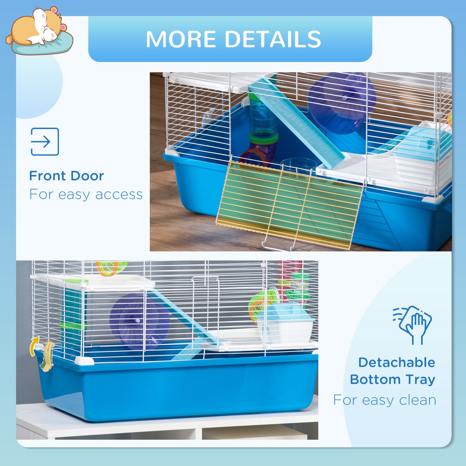 Blue Hamster Cage with Fun Tubes, Exercise Wheel, Water Bottle, and Food Dish